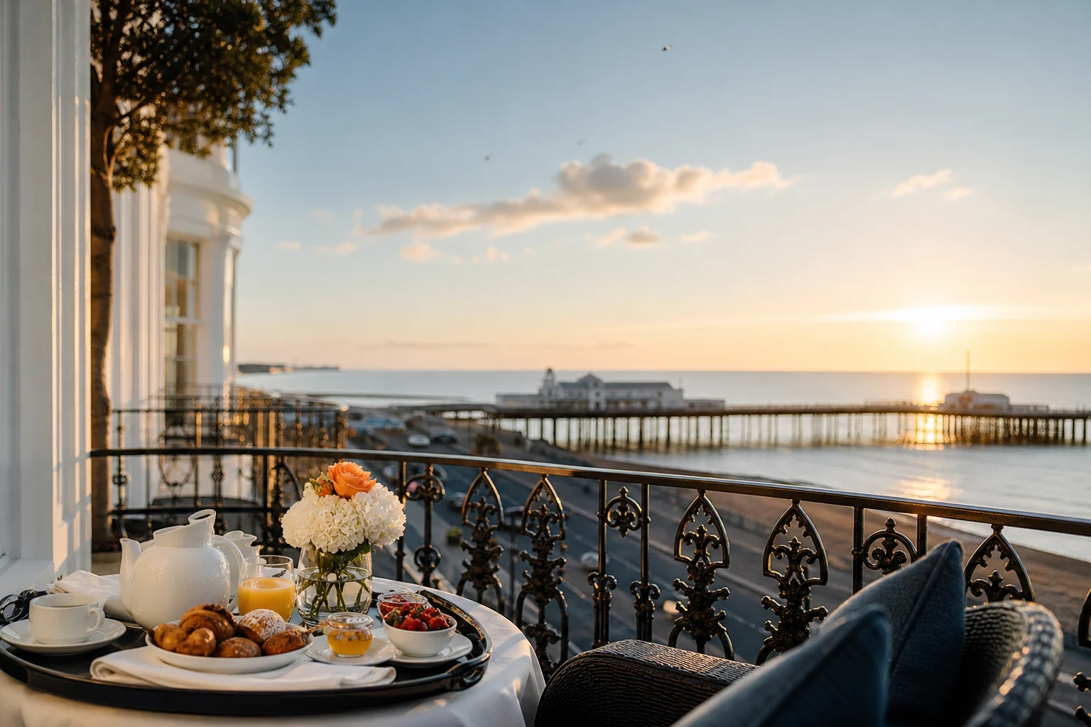 Brighton seaside hotel breakfast with pier view for a UK weekend break