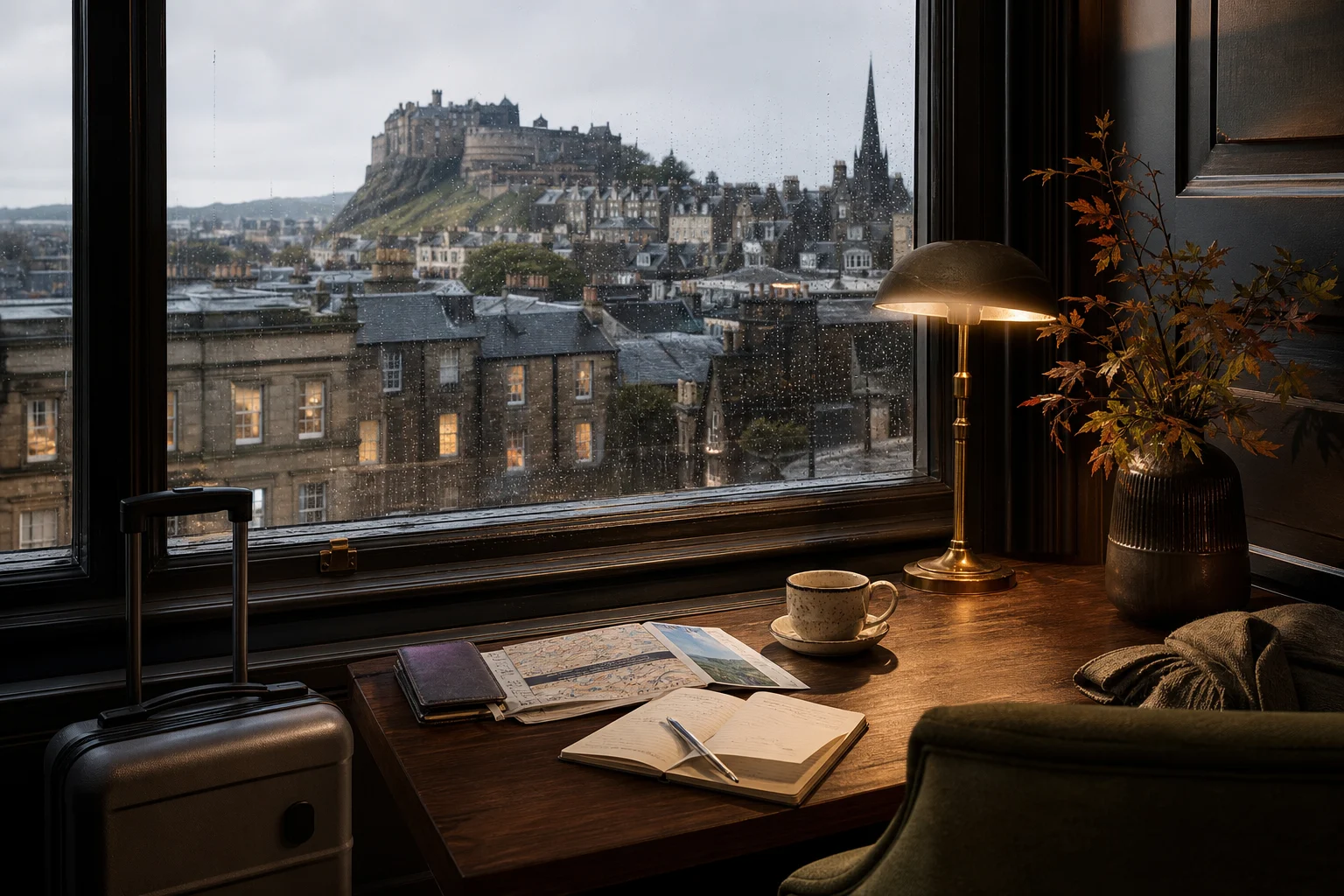 Edinburgh boutique hotel desk with castle skyline for a city break